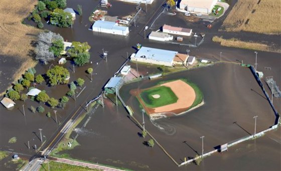 The Big Sioux River flooded this baseball field in Renner, S.D., on Sunday. Dozens of homes along the river were also flooded.